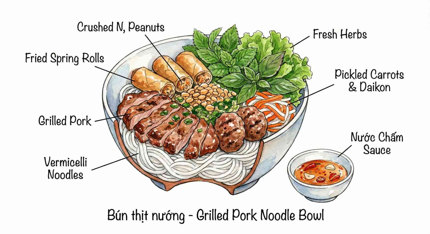 Bún Thịt Nướng ingredients sketch
